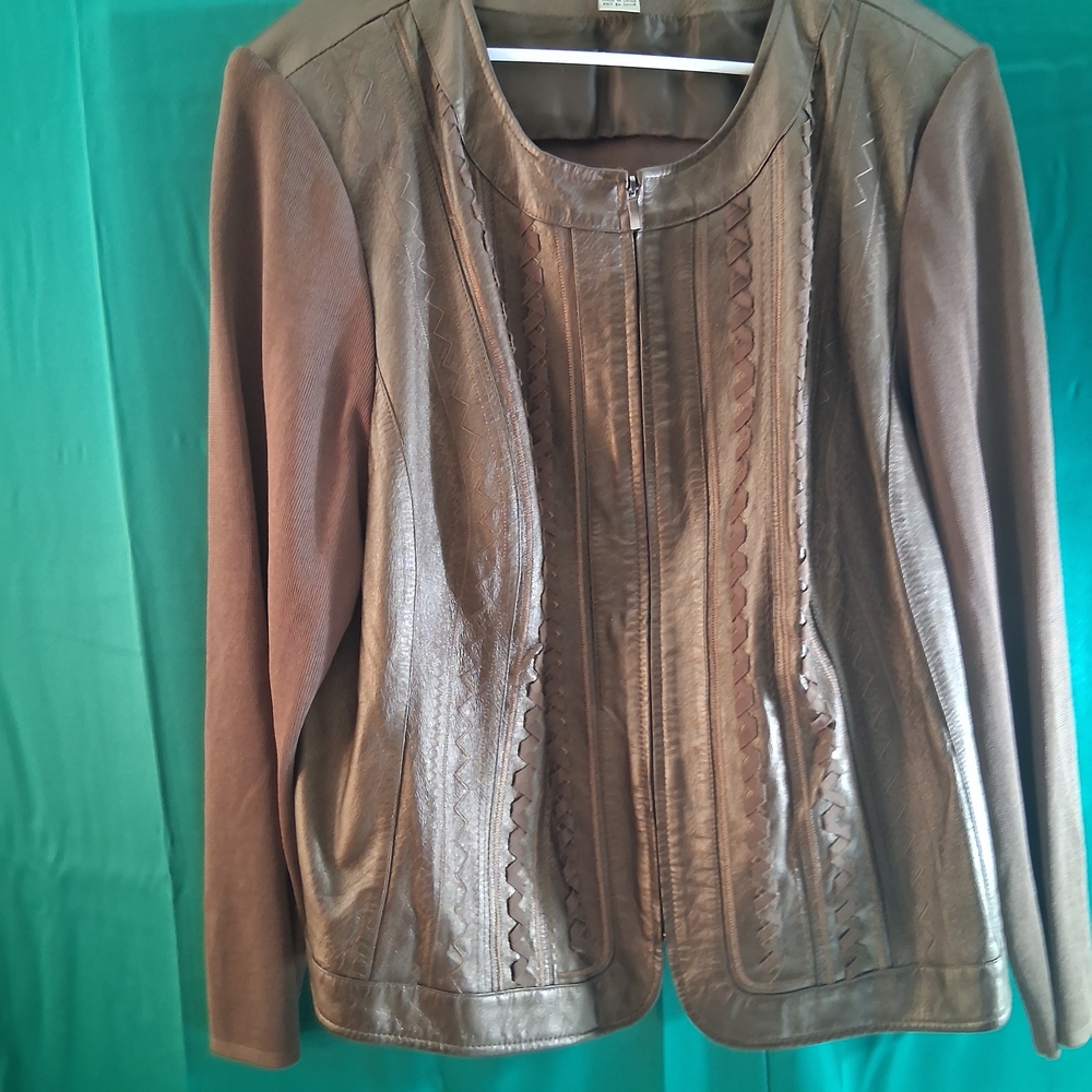 Peter Nygard Plus Size Brown Leather & Knit Jacket Full Zip Women’s 3X
